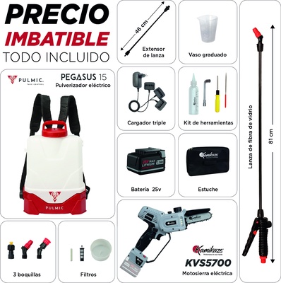 Pack Ahorro Pulmic Pegasus 15 + Kamikaze KVS5700: Pulverizador El�ctrico y Motosierra de Poda + Bater�a y Cargador Triple